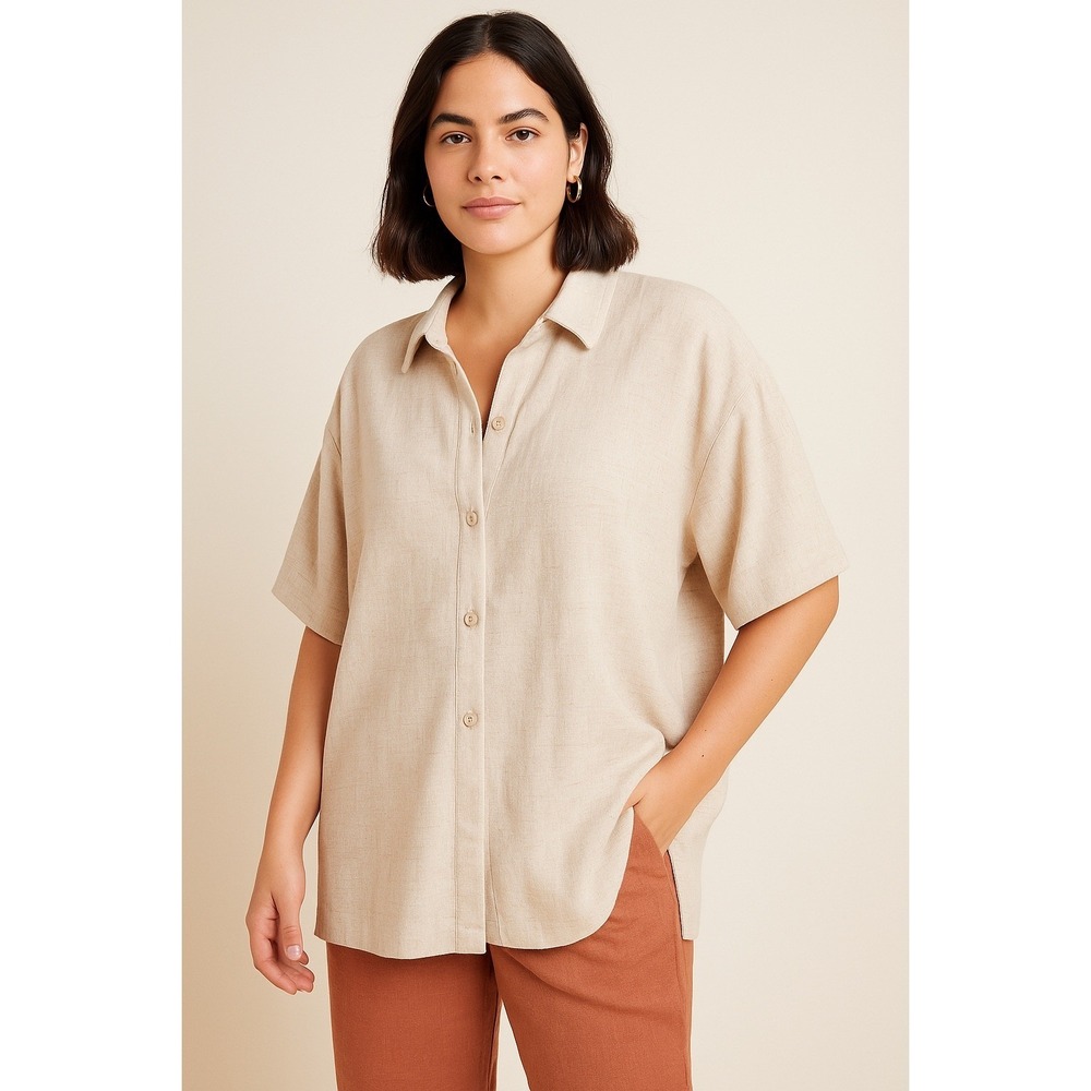 LCW Casual Neutral Linen Blend Oversized Button Down Shirt XL–XXL Tan‎ Top